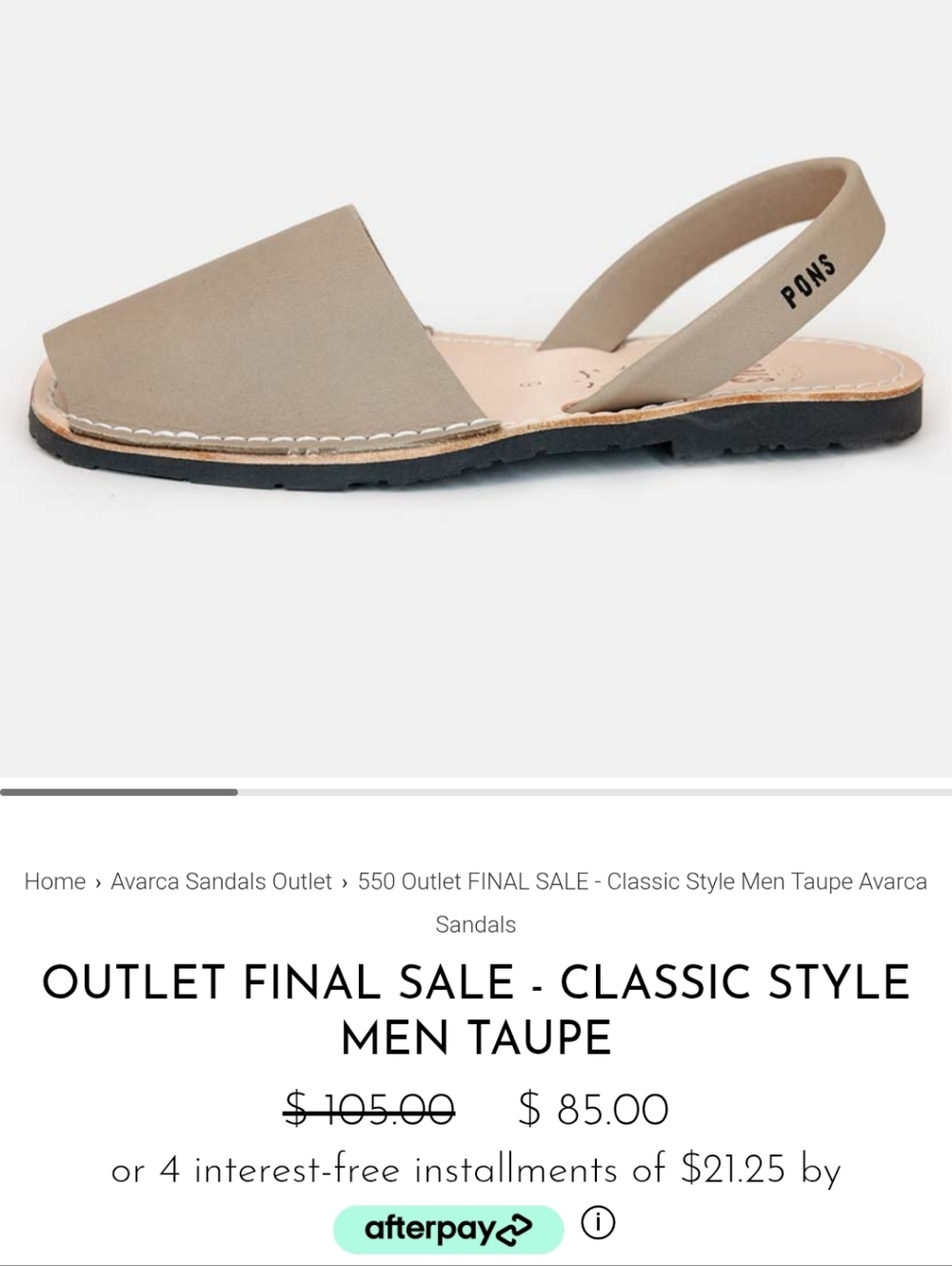 Pons Avarca Taupe Leather Sandals Size EU39/ US 9